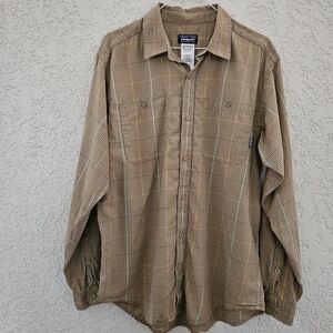 Patagonia Organic Cotton Plaid Button Down Shirt, M, Tan and Blue EUC